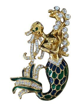 Vintage Mermaid Brooch Gold Tone Enamel Rhinestone 3 1/4" Figural Pin
